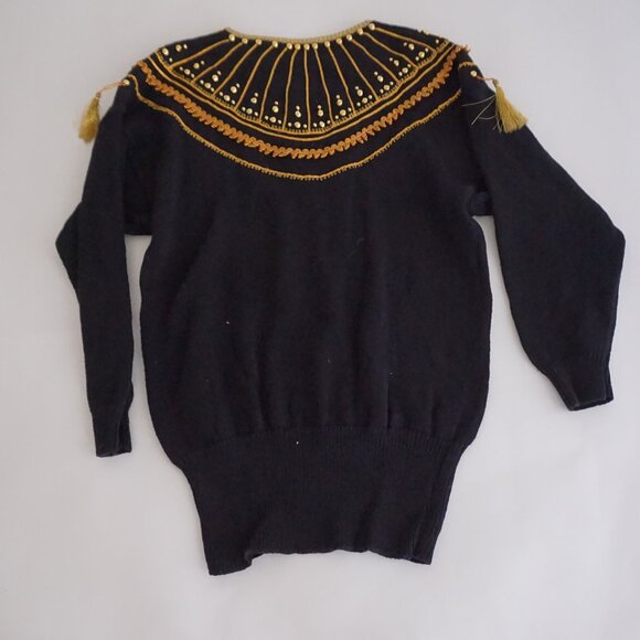 Vintage Bonnie And Company Black Beaded Cotton Knit Sweater Old Money Boho L - Picture 9 of 10